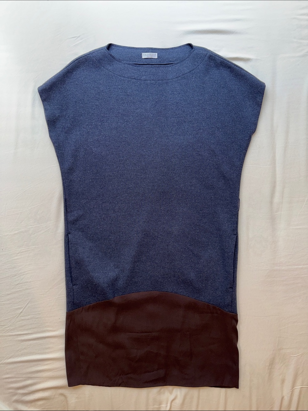 Brunello Cucinelli Navy and Brown Wool Sleeveless Knit Tunic Dress